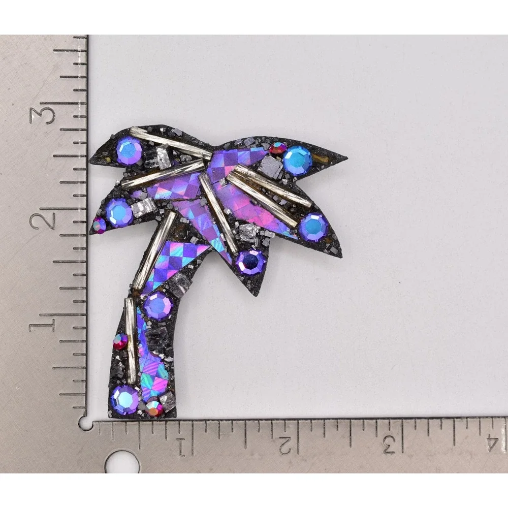 Vintage Designer Signed Palm Tree Brooch Purple Mosaic Galena Crystal Pin BinBI